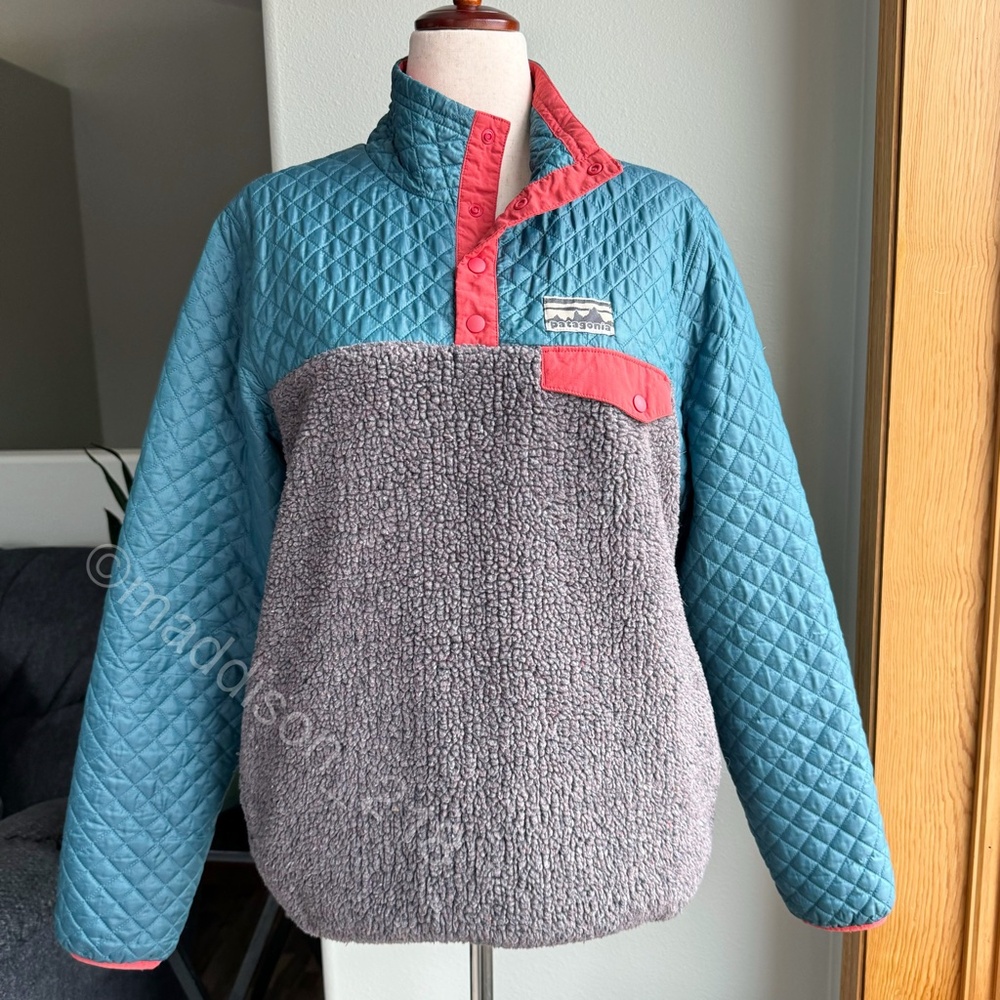 Patagonia Mixed Media Snap-T Pullover Large Crater Blue Sherpa Quilted Jacket L